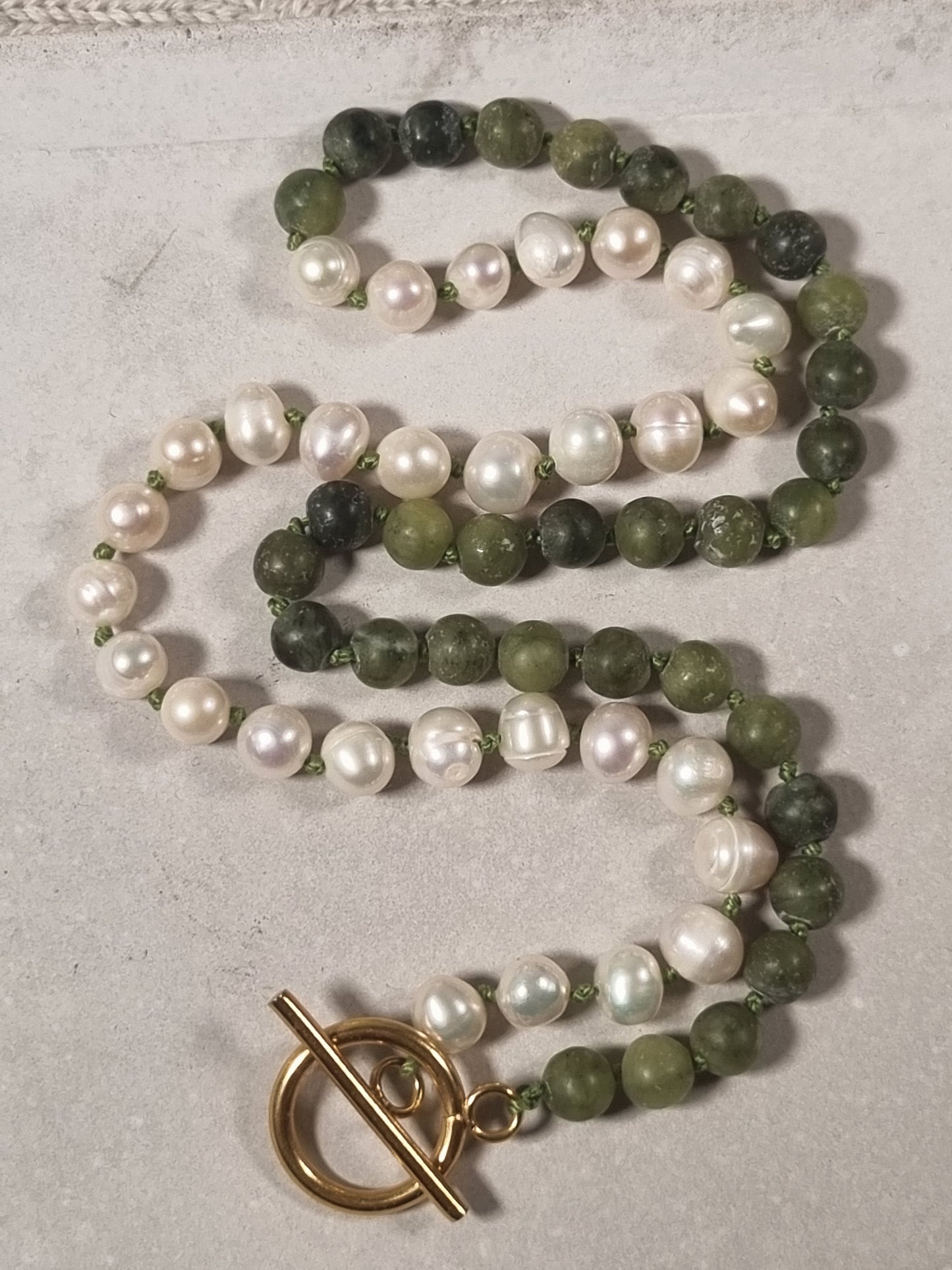 Olive Green Jade & Freshwater Pearls
