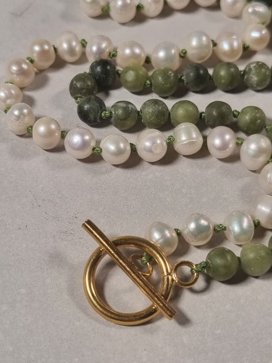 Olive Green Jade & Freshwater Pearls